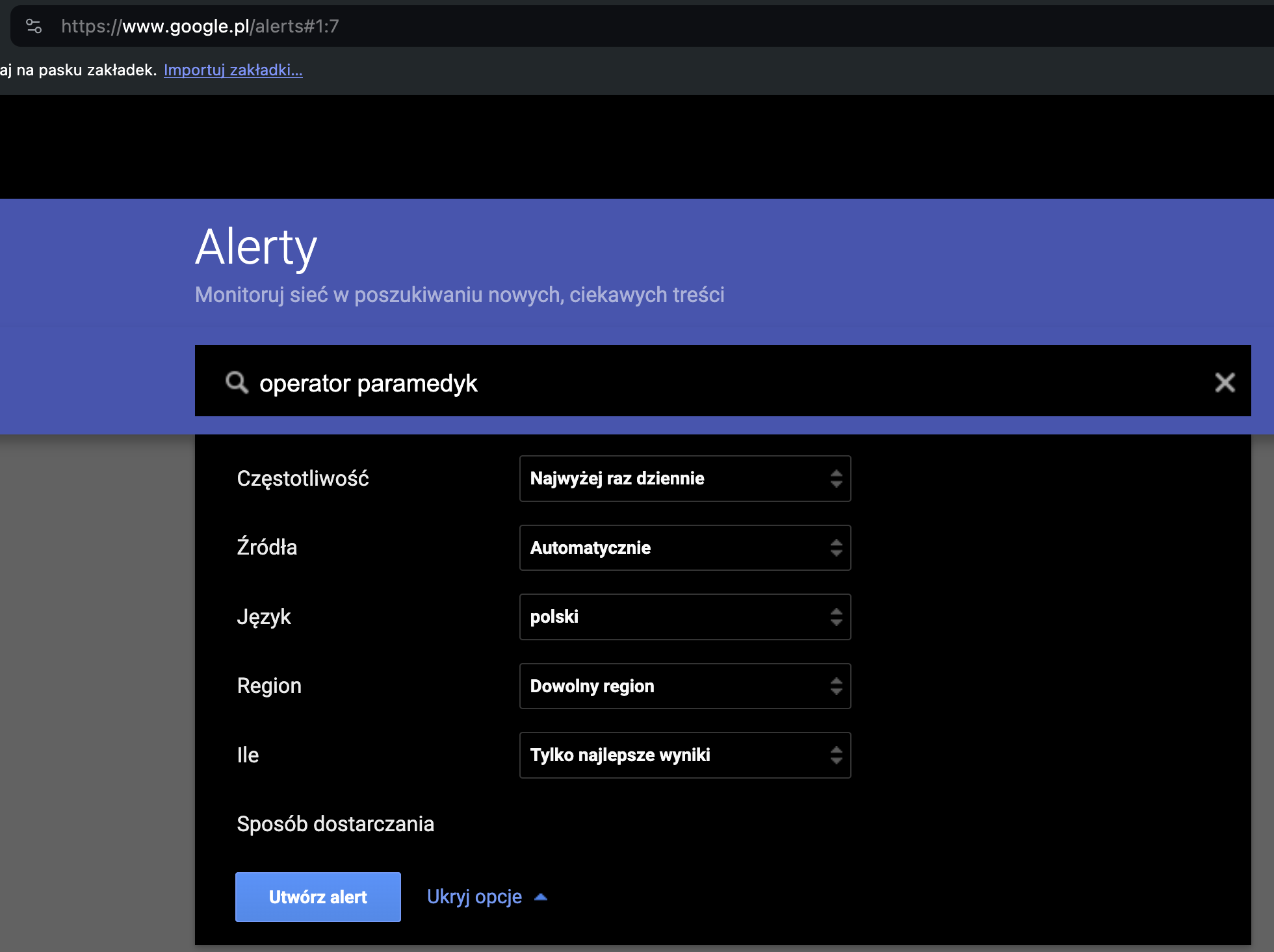opcje ustawienia Alertu Google